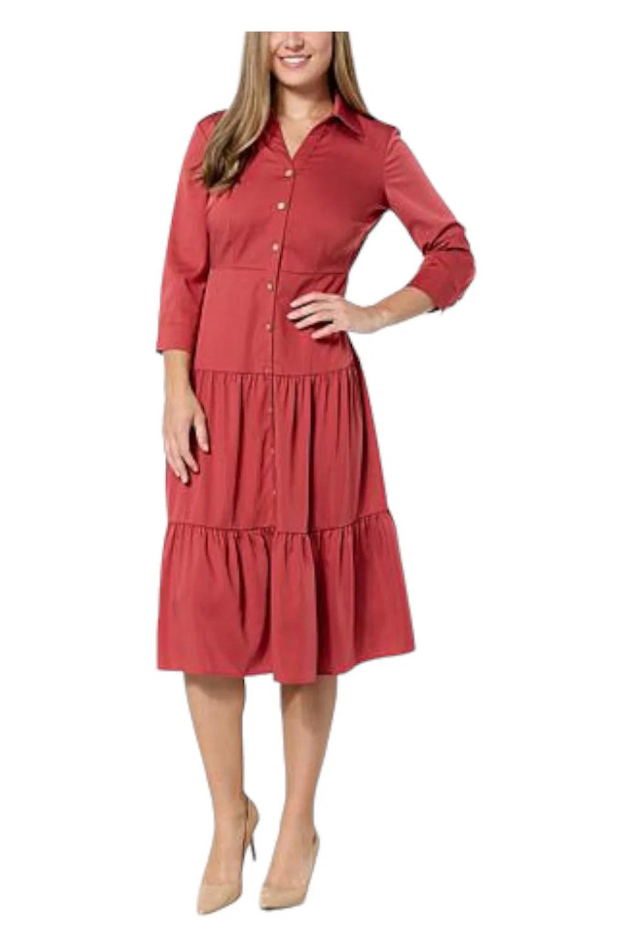 Nina Leonard Brick Red Tiered Shirt Midi Dress
